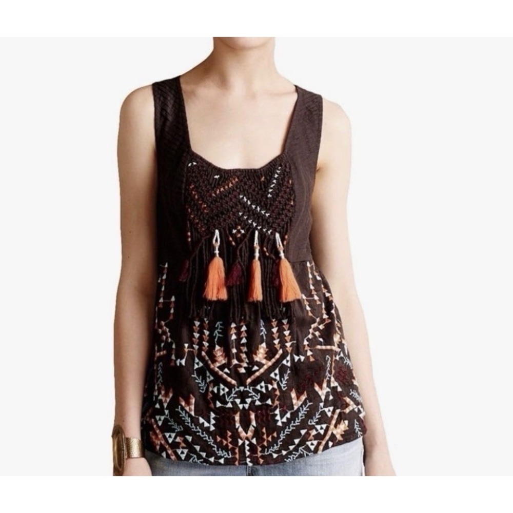Anthropologie Akemi + Kin Brown Sleeveless Embroidered Floral Top Blouse Sz XS
